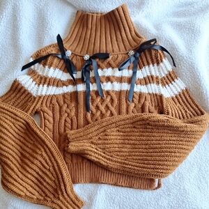 Maeve Brown Cable Knit Sweater with Black Accents